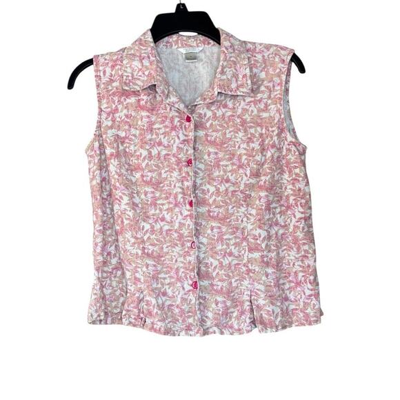 Christopher & Banks Vintage Floral Pink Collared Floral Tanks Pink Buttons - Picture 1 of 5